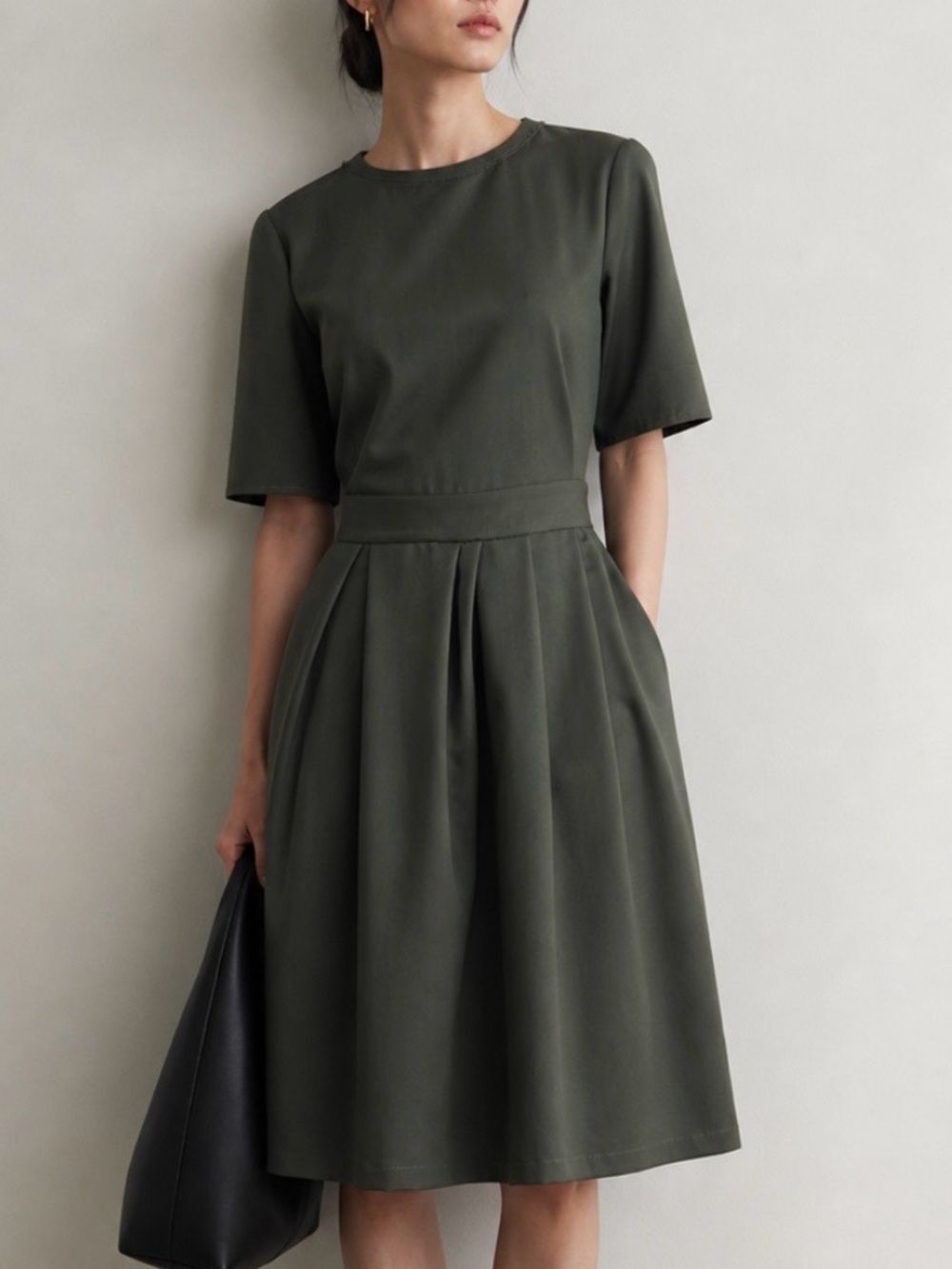 COS Classic Olive Green Midi Dress Pleated Size 2